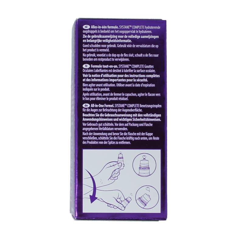 Systane Oogdruppels Complete 10ml bottle for eye care, clear liquid eye drops with dropper applicator.