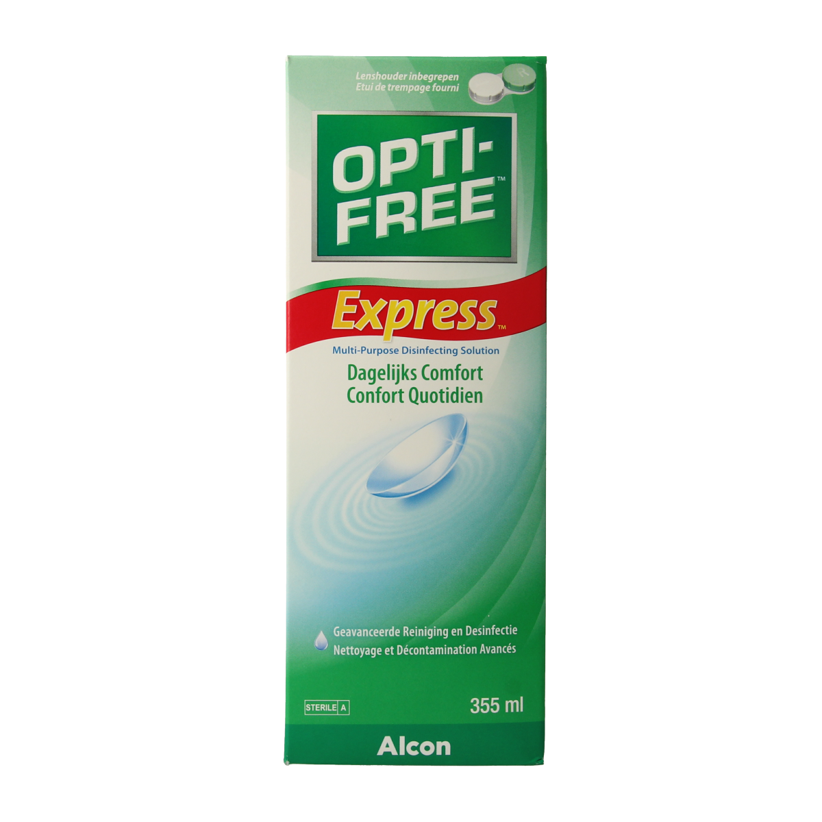 Alcon Optifree Express MPDS contact lens solution with lens holder, 355 ml, used for cleaning and disinfecting contact lenses.