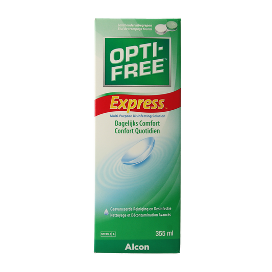 Alcon Optifree Express MPDS contact lens solution with lens holder, 355 ml, used for cleaning and disinfecting contact lenses.