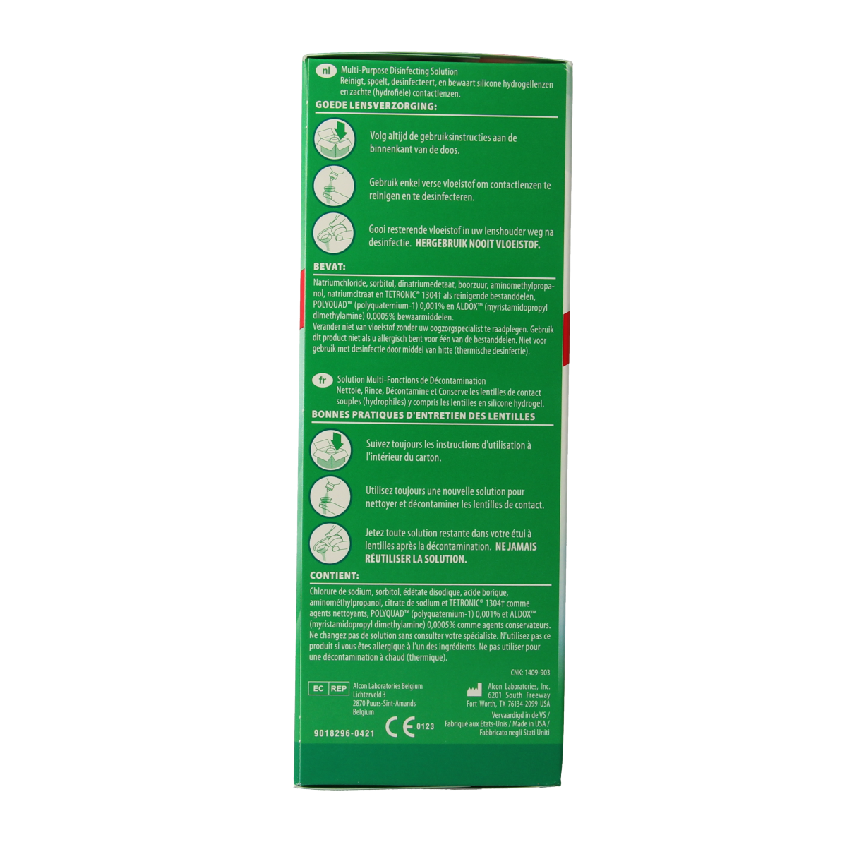Alcon Optifree Express MPDS contact lens solution and lens holder, 355ml, in a clear container with label.