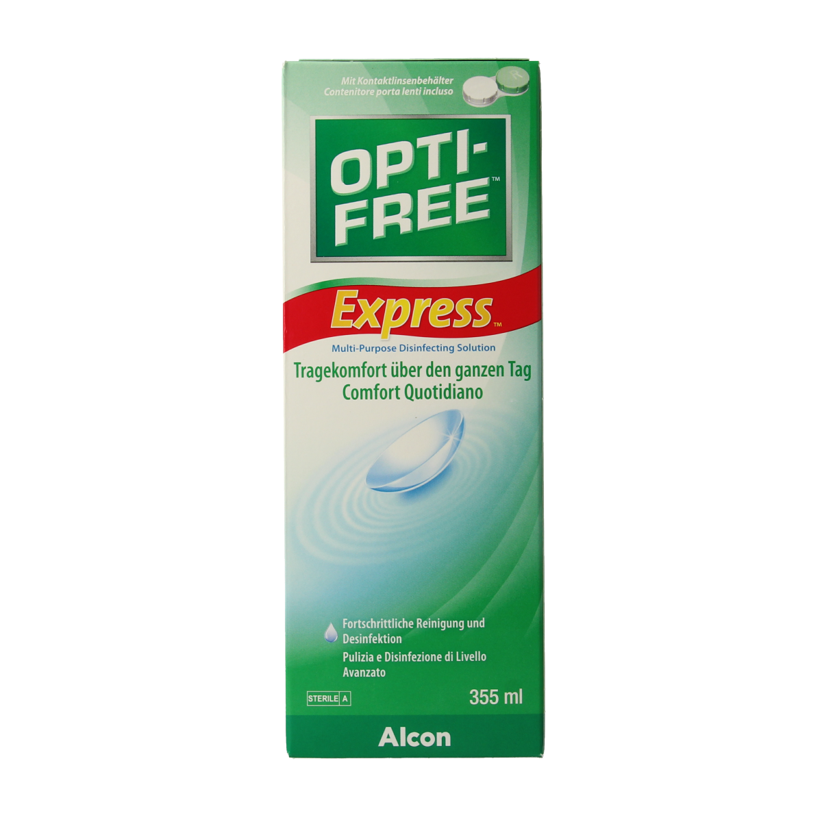 Alcon Optifree Express MPDS contact lens solution with lens holder, 355 ml bottle for cleaning and storing contact lenses.