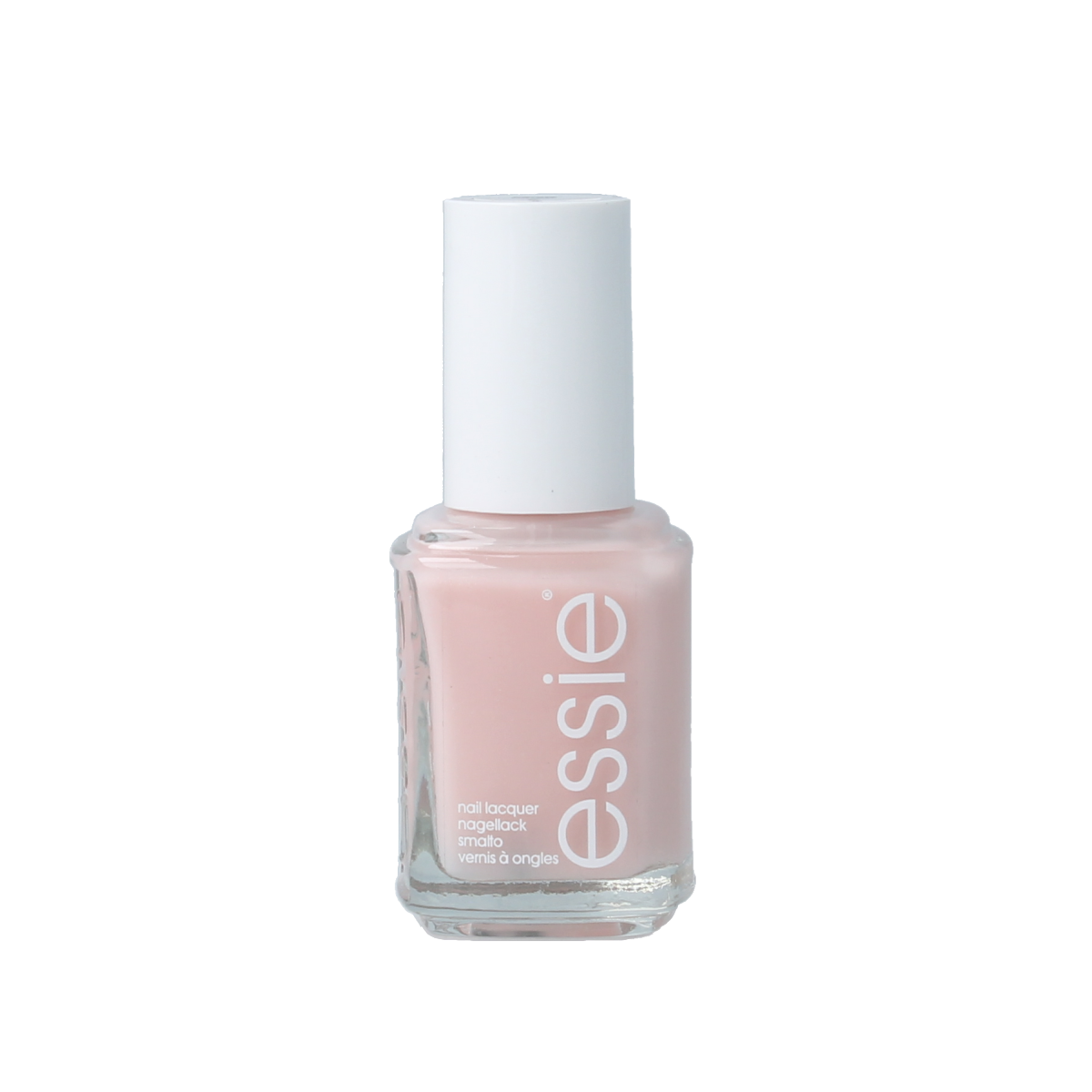 Essie Vanity Fairest make-up product in 13.5ml container with a sleek, clear bottle and white cap, showcasing the brand's elegance.