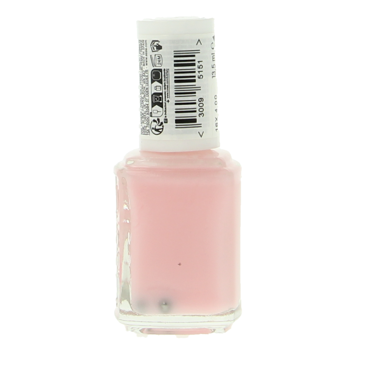 Essie Mademoiselle nail polish bottle with pastel pink cap and clear glass showing light pink nail polish inside.