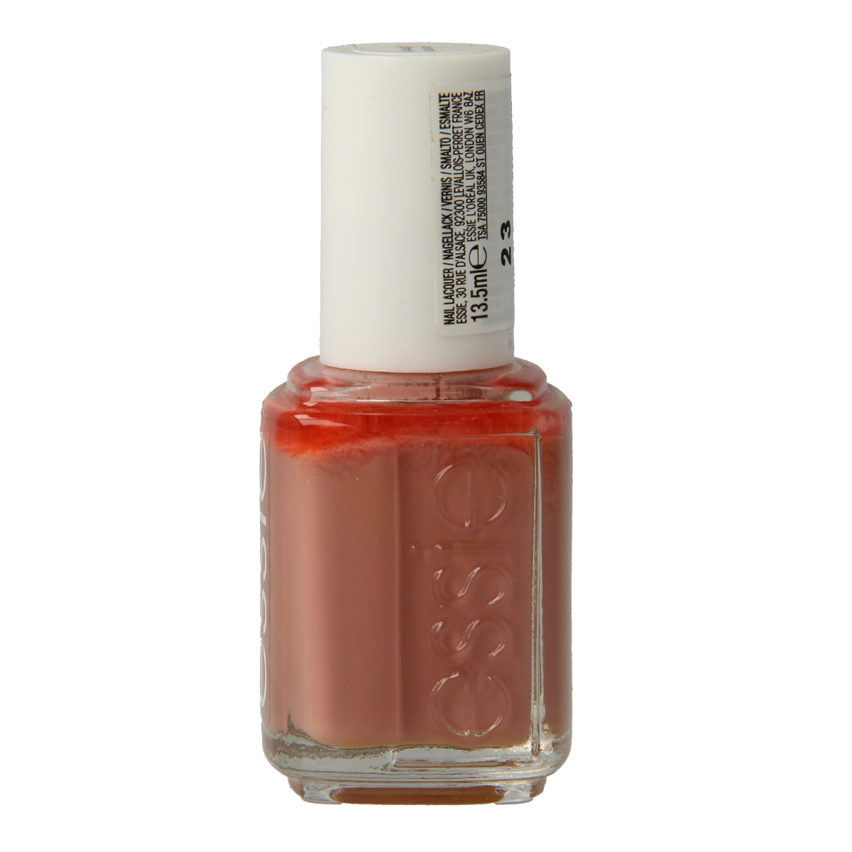 Essie Eternal Optimist make-up nail polish bottle, 13.5 ml, with colorful label and clear glass showcasing the nail polish inside.