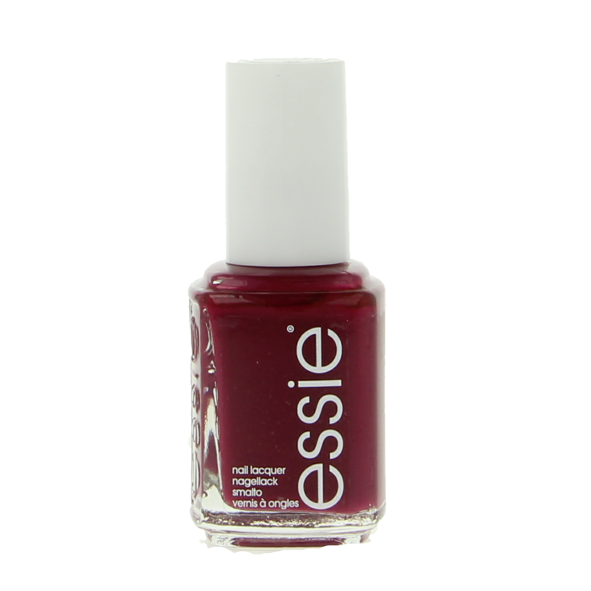 Essie Bahama Mama nail polish bottle, 13.5ml, with deep mauve color and sleek branding on the label.