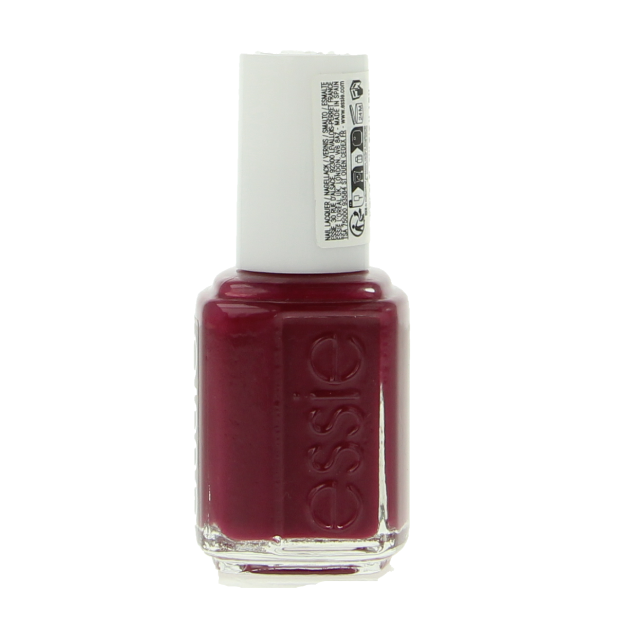 Essie Bahama Mama nail polish bottle, 13.5ml, with deep mauve color and Essie branding visible.