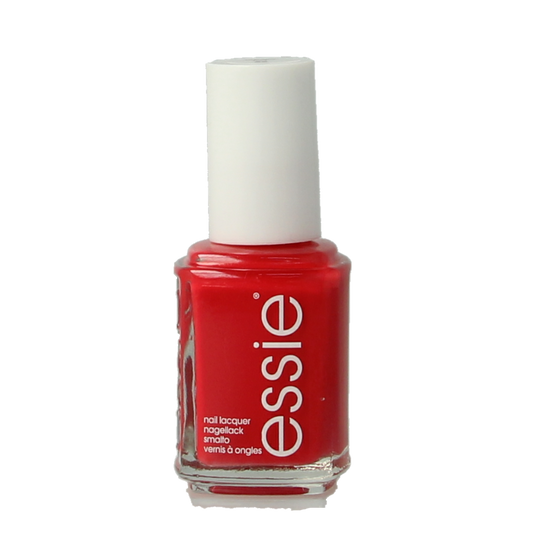 Essie Too Too Hot nail polish bottle, 13.5 ml, vibrant orange-red makeup product with a round cap and clear label.
