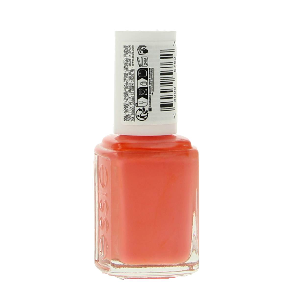 Essie Tart Deco nail polish in 13.5ml bottle, vibrant coral-orange make-up product with a sleek cap and clear label.