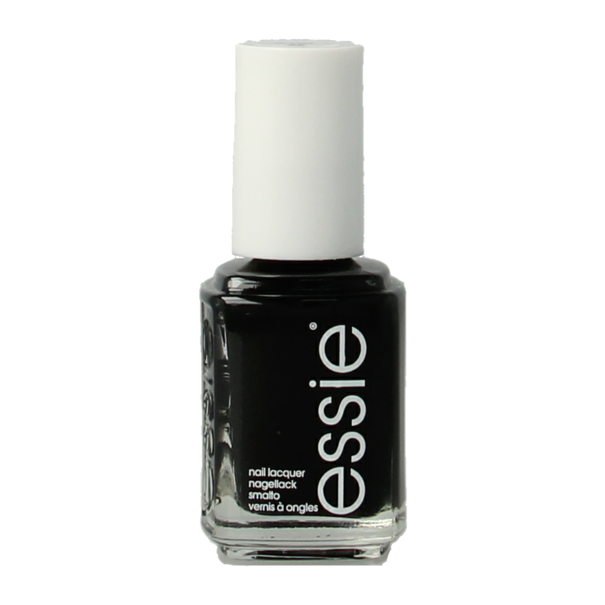 Essie Licorice nail polish bottle with black cap, 13.50ml, makeup product featuring a sleek black label and clear glass container.