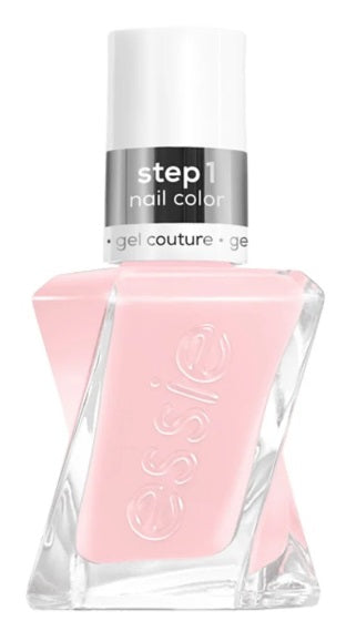 Essie Gel Couture sheer fantasy nail polish bottle, 13.5ml, showing the clear glass and colorful label on the makeup product.