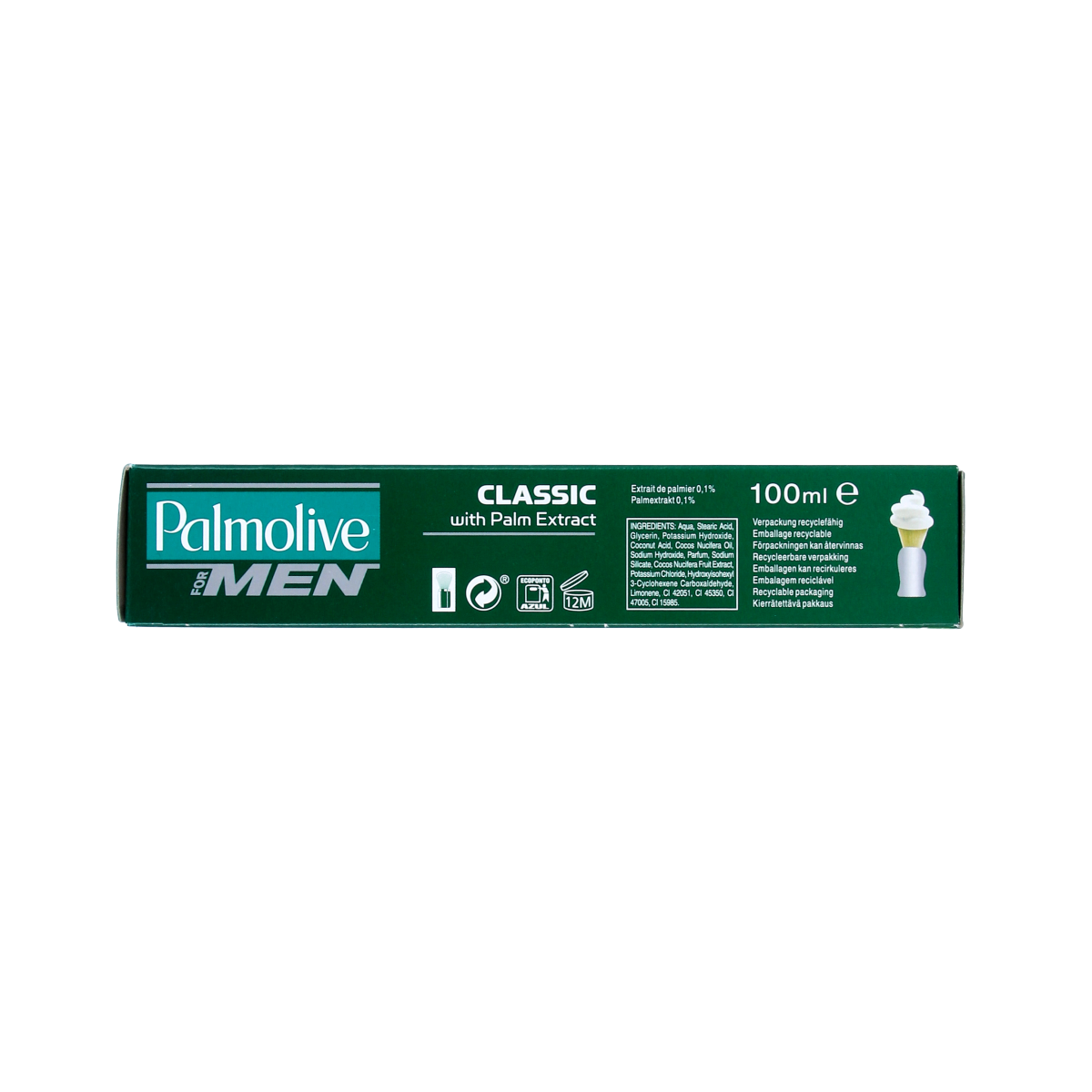 Palmolive Scheercreme tube for shaving and hair removal, 100ml, with a white and green packaging design.