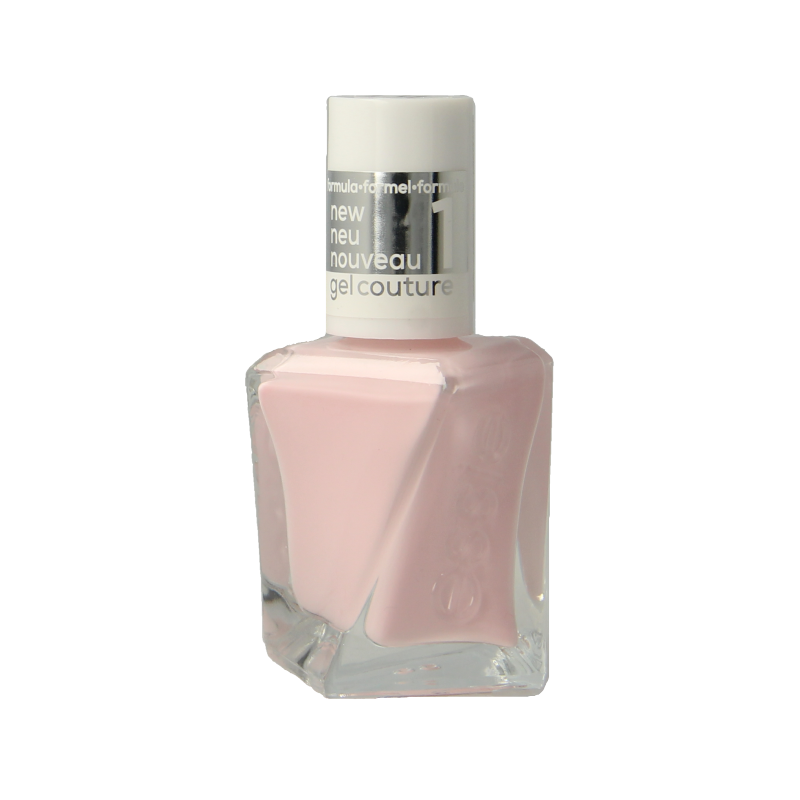 Essie Gel Couture 484 Matter of Fiction nail polish bottle, 13.5ml, with sleek black and gold design and label visible.