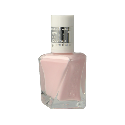 Essie Gel Couture 484 Matter of Fiction nail polish bottle, 13.5ml, with sleek black and gold design and label visible.