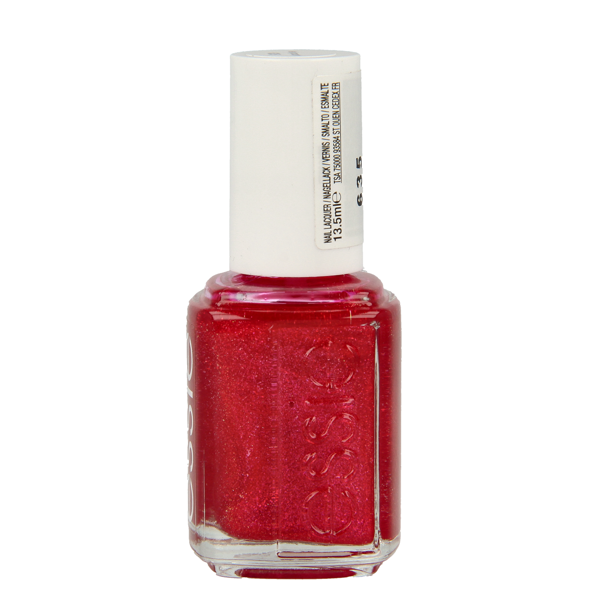 Essie Gifting shade 635 Lets Party nail polish bottle with colorful label and open cap, 13.5 ml, for festive manicures.