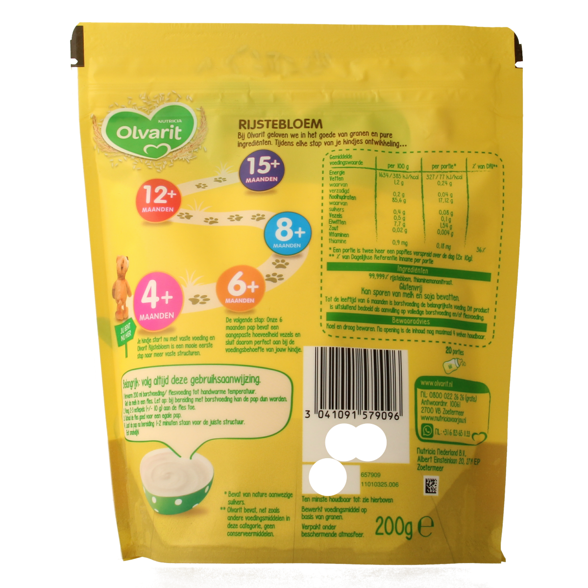 Olvarit Rijstebloem baby food for 4+ months, 200g package, soft rice flour for infant feeding and baby nutrition.