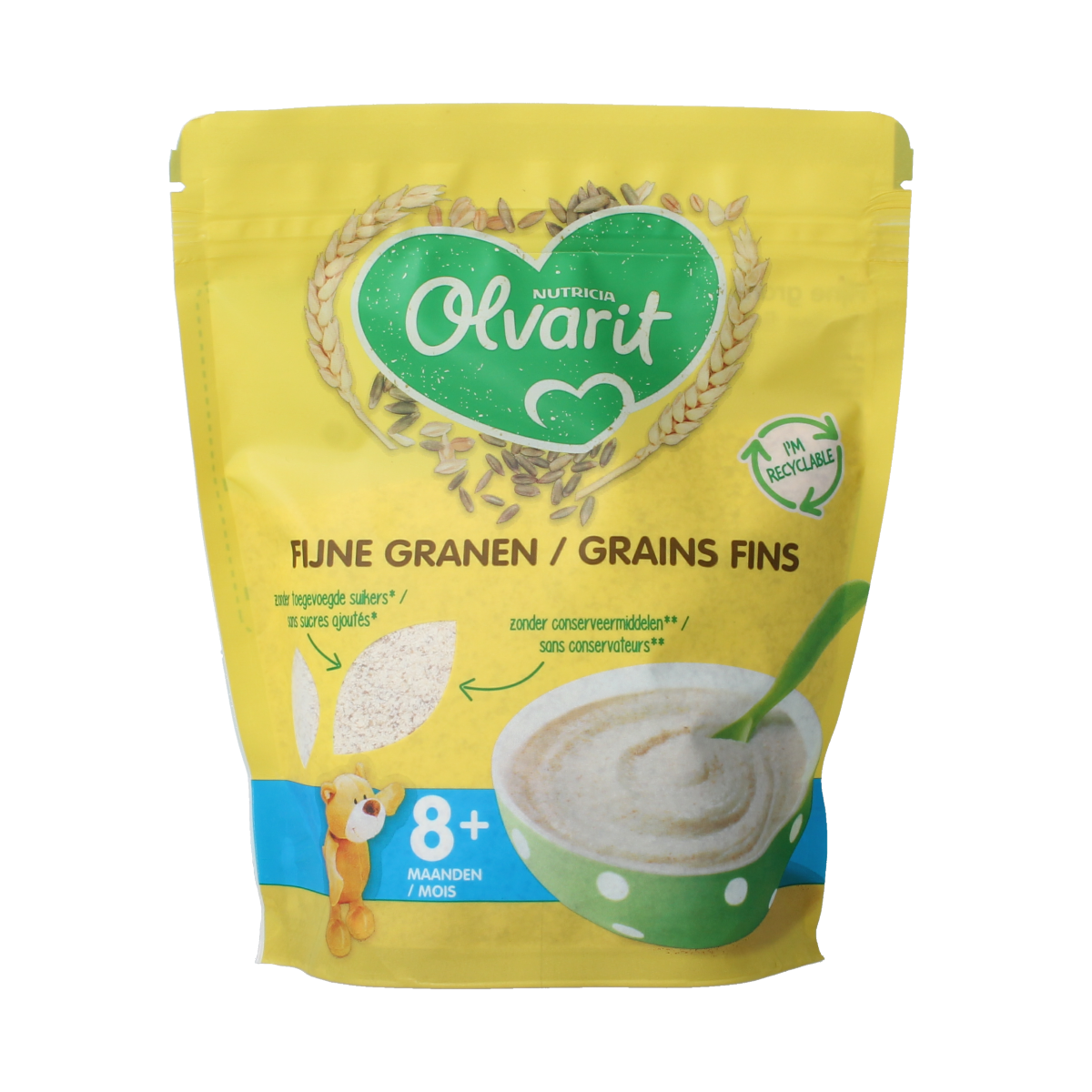 Olvarit baby breakfast cereal with fine grains in 200g pack, suitable for babies 8 months and older.