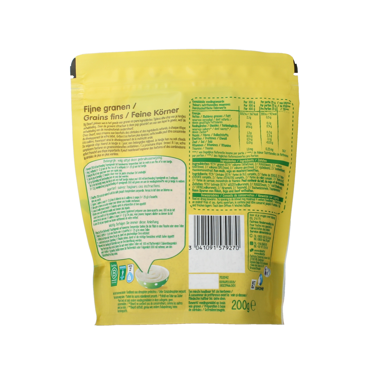 Olvarit baby breakfast porridge with fine grains for babies 8 months and older, 200g jar, suitable for toddler nutrition.