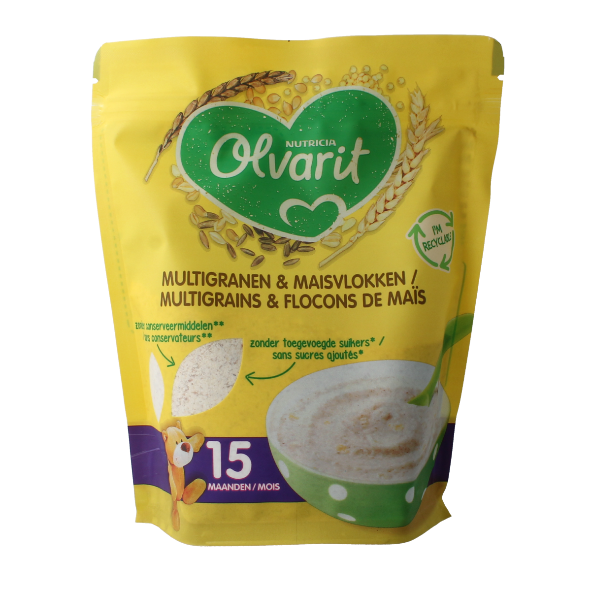 Olvarit baby and toddler multigrain and corn flakes in a 200g pack for children 15 months and older.