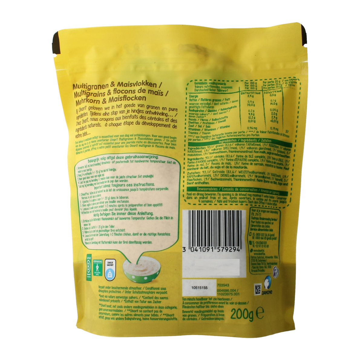 Olvarit multigrain and corn flakes for babies 15 months+ in a 200g package, suitable for toddler nutrition.