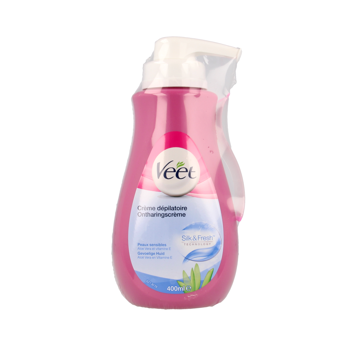 Veet Ontharingscreme voor de gevoelige huid, pompflacon van 400 ml, geschikt voor scheren en ontharen.