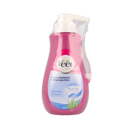 Veet Ontharingscreme voor de gevoelige huid, pompflacon van 400 ml, geschikt voor scheren en ontharen.