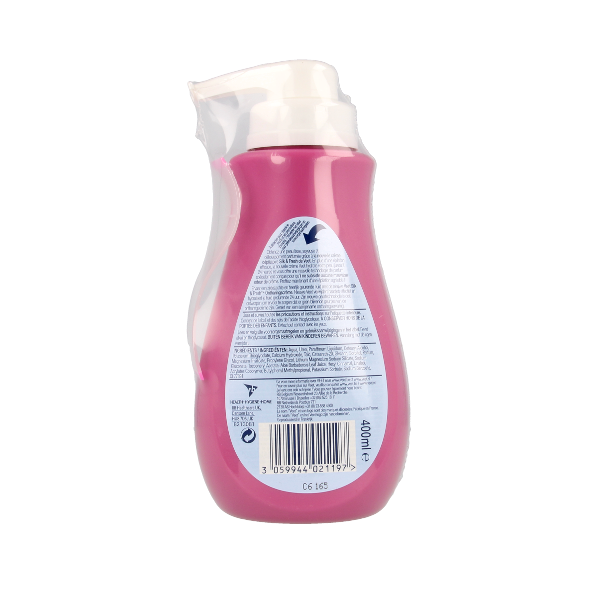 Veet sensitive skin hair removal cream bottle, 400ml, for gentle shaving and waxing, with pump dispenser.