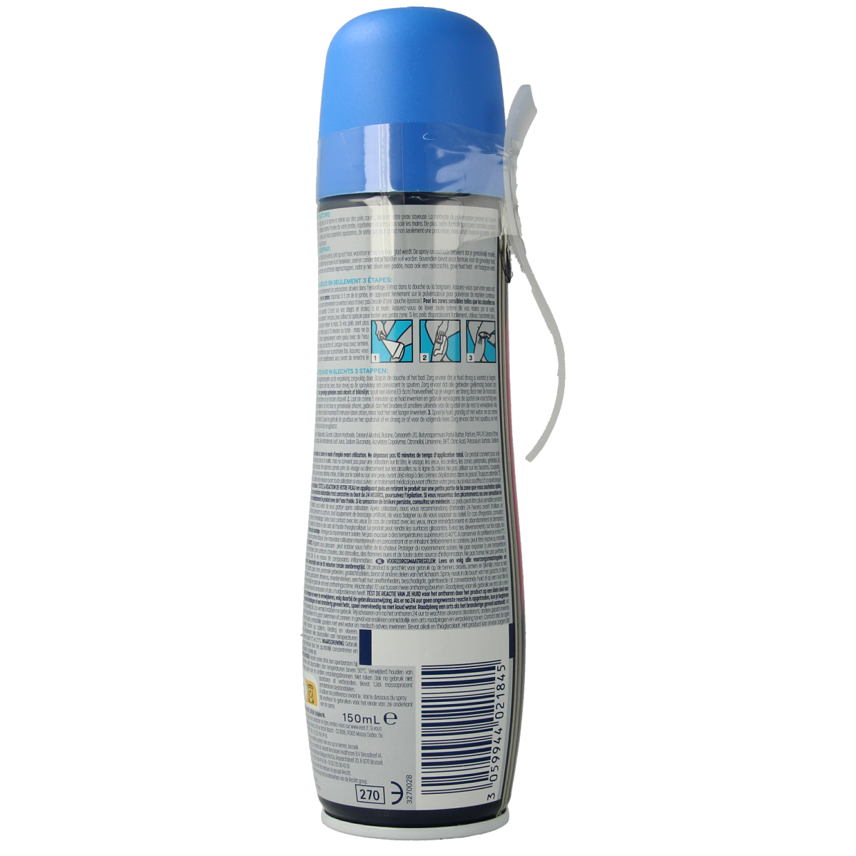 Veet Ontharingsspray voor gevoelige huid, 150 ml, geschikt voor scheren en ontharen, in een sprayfles.