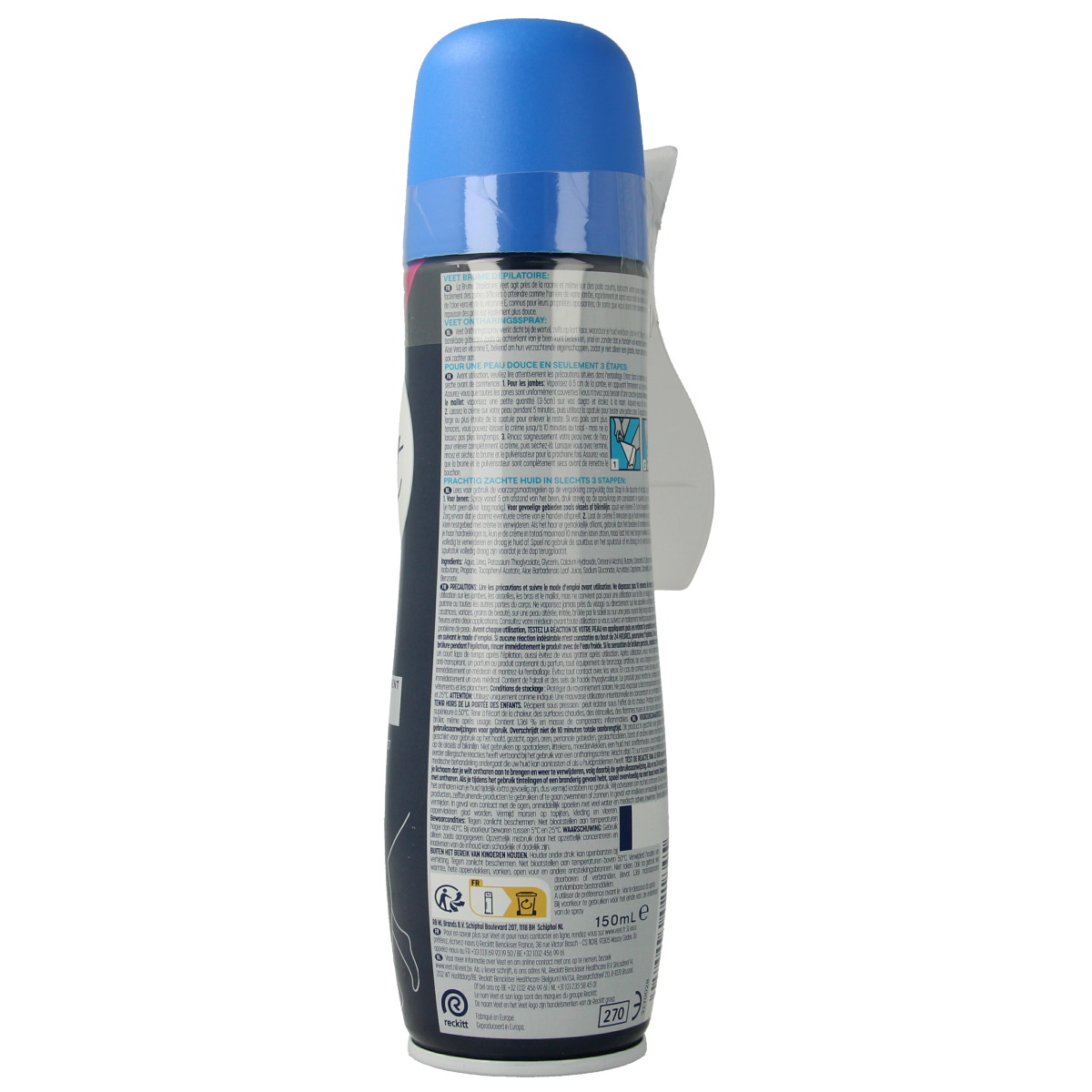 Veet ontharingsspray voor gevoelige huid, 150 ml, voor scheren en ontharen, spray bottle with nozzle on white background.