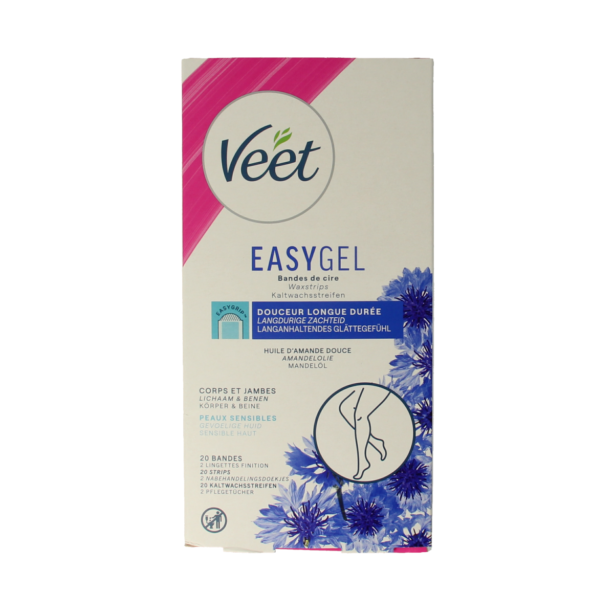 Veet cold wax strips for sensitive skin, 20 strips for hair removal and shaving, shown on white background.