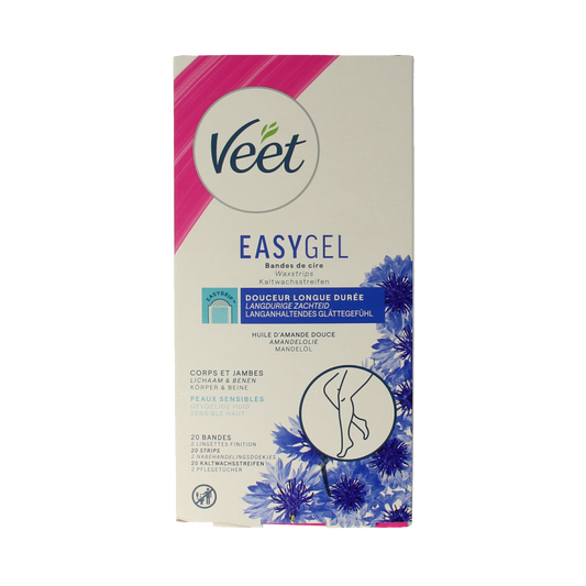 Veet cold wax strips for sensitive skin, 20 strips for hair removal and shaving, shown on white background.