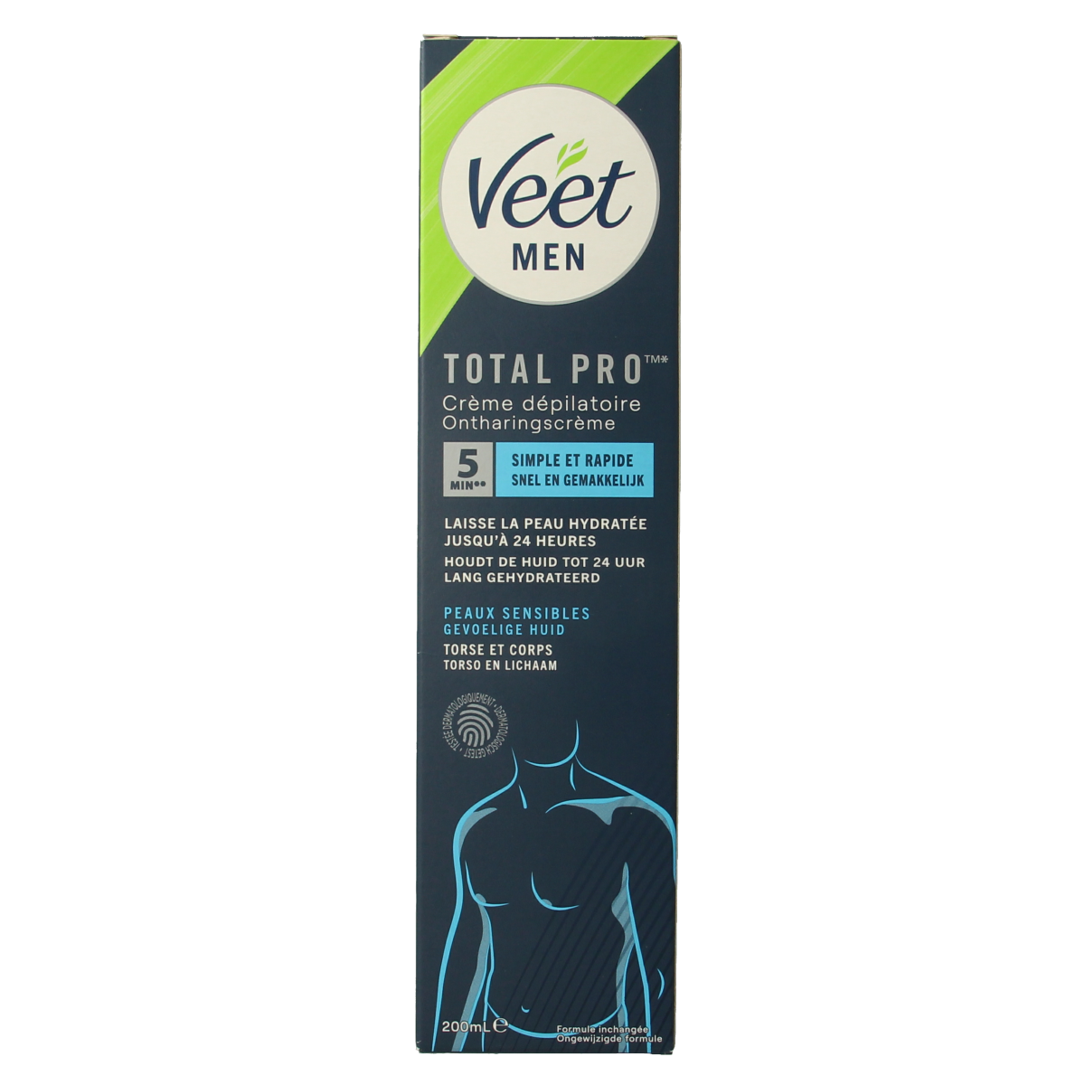 Veet Men ontharingscrème sensitive 200ml, tube of men's hair removal cream for sensitive skin.