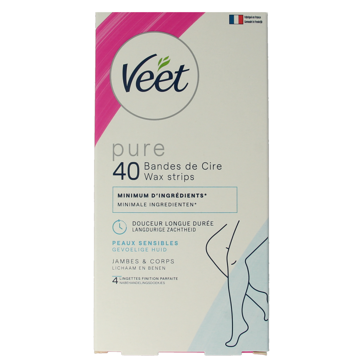 Veet Minima wax strips for legs, 40 pieces, for easy hair removal, shown in the image with strips ready for use.