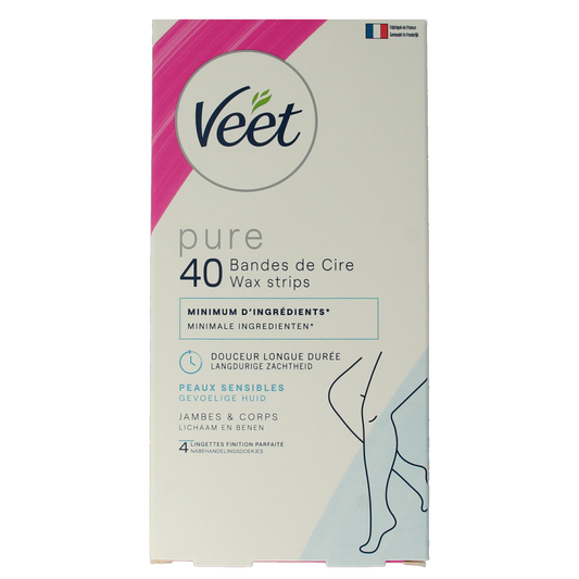 Veet Minima wax strips for legs, 40 pieces, for easy hair removal, shown in the image with strips ready for use.
