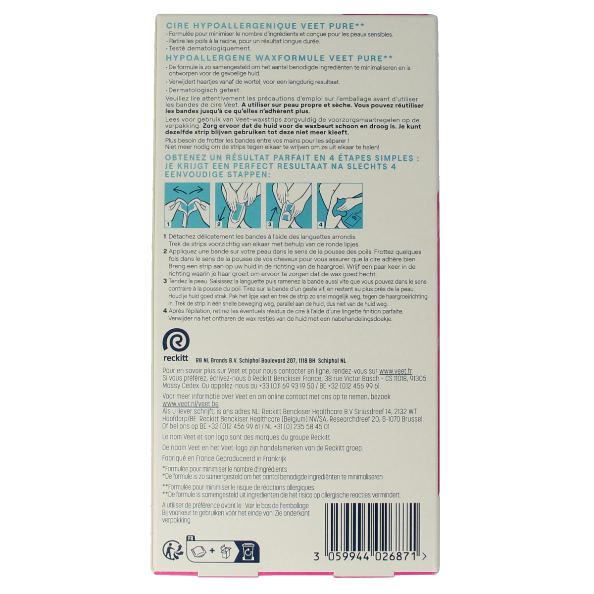 Veet Minima wax strips for legs, 40-count, in a box, designed for easy hair removal at home.