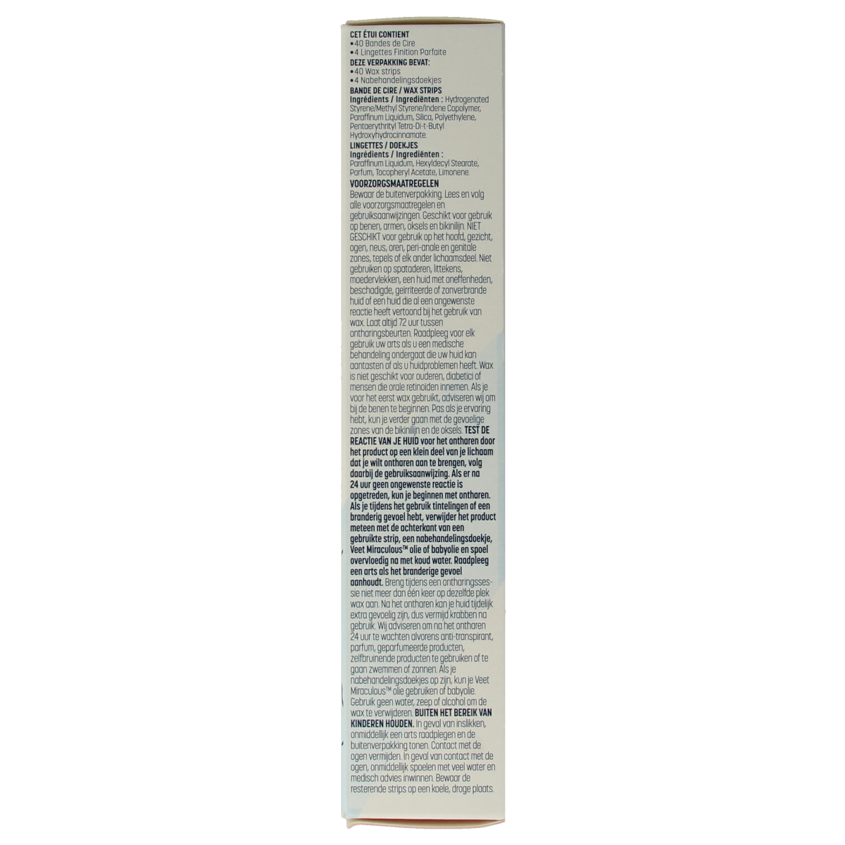 Veet Minima wax strips for legs, 40-piece pack, easy hair removal for smooth skin, in a natural, realistic image.