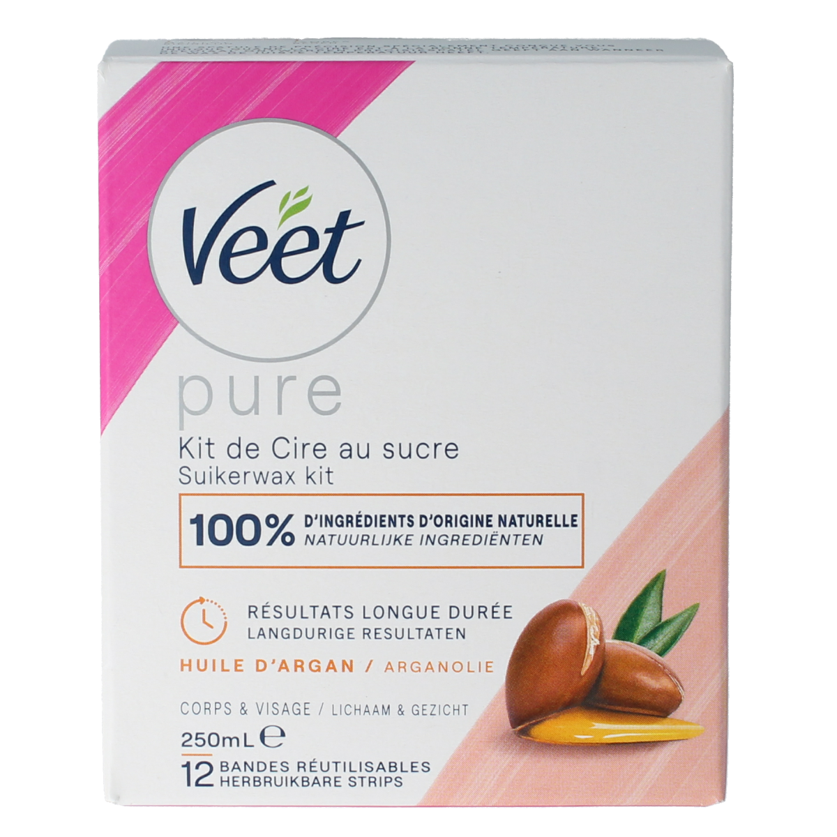 Veet Hot Wax Minima 250ml bottle for hair removal, with a sleek design and product label visible.