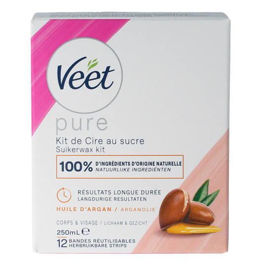 Veet Hot Wax Minima 250ml bottle for hair removal, with a sleek design and product label visible.