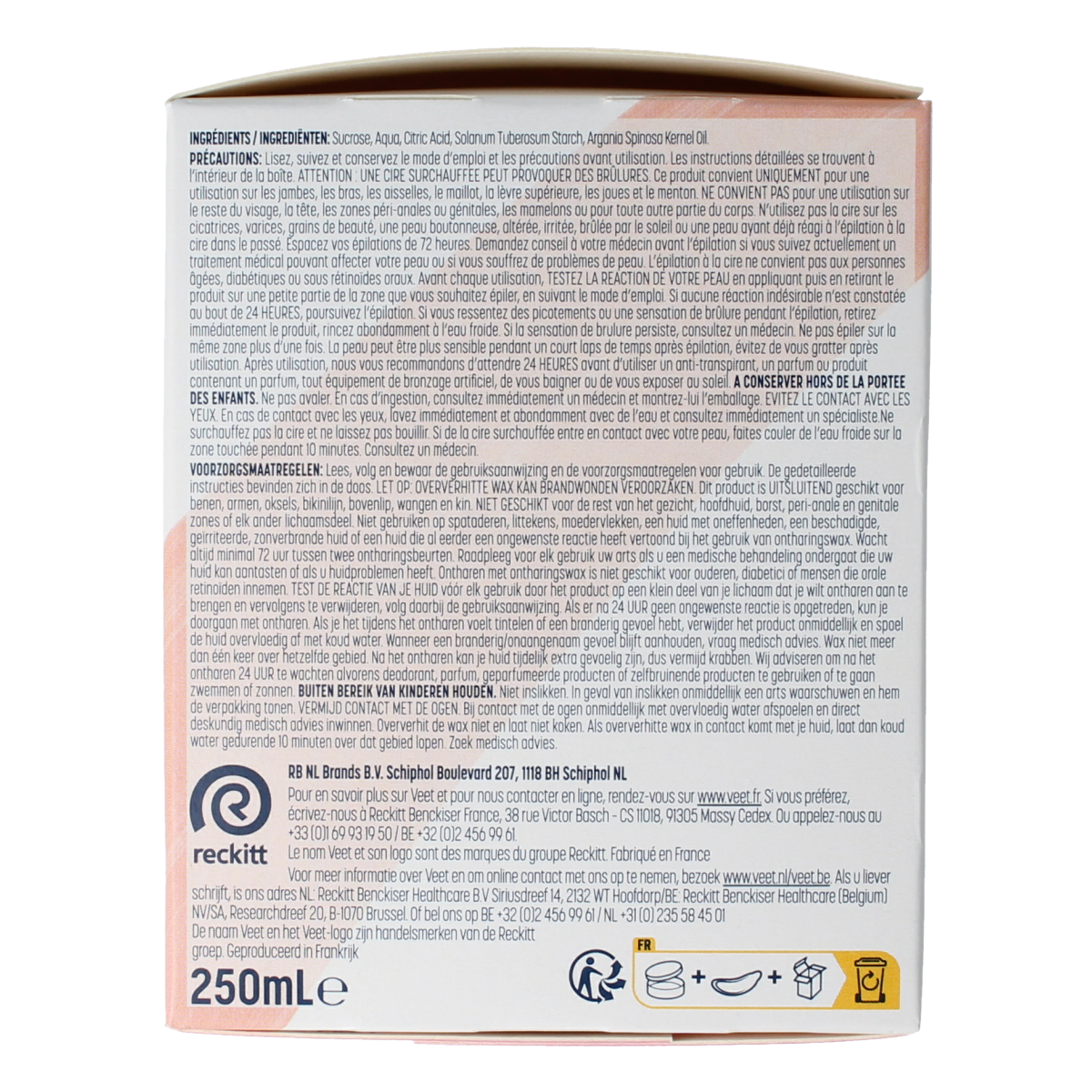 Veet Hot wax minima 250ml container for hair removal, featuring a white and red packaging with product label.