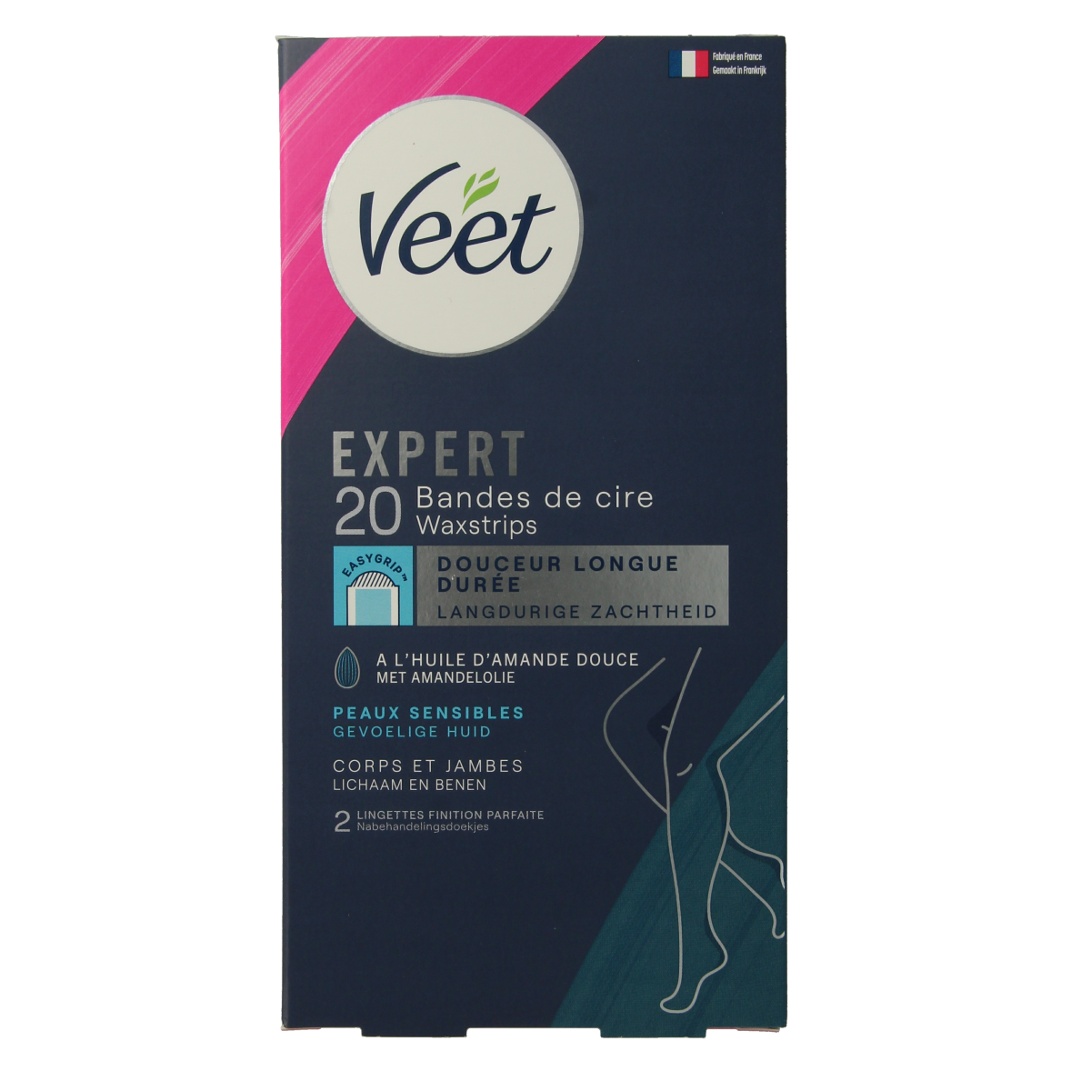 Veet Expert koude waxstrips voor benen, 20 stuks, geschikt voor sensitive huid, scheren en ontharen.