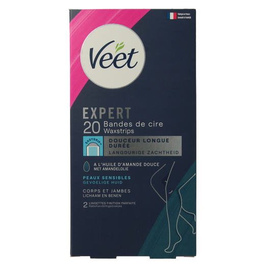 Veet Expert koude waxstrips voor benen, 20 stuks, geschikt voor sensitive huid, scheren en ontharen.