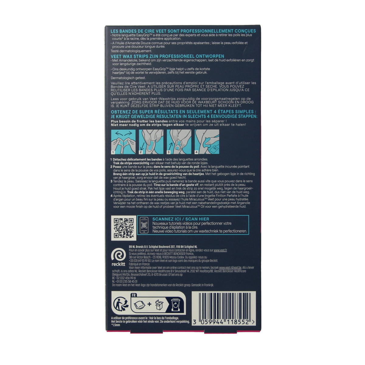 Veet Expert koude waxstrips voor benen, 20 stuks, geschikt voor gevoelige huid, ideaal voor ontharing en scheren.