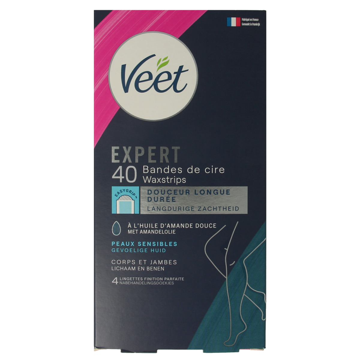 Veet Expert koude waxstrips voor benen, 40 stuks, geschikt voor gevoelige huid, ideaal voor scheren en ontharen.