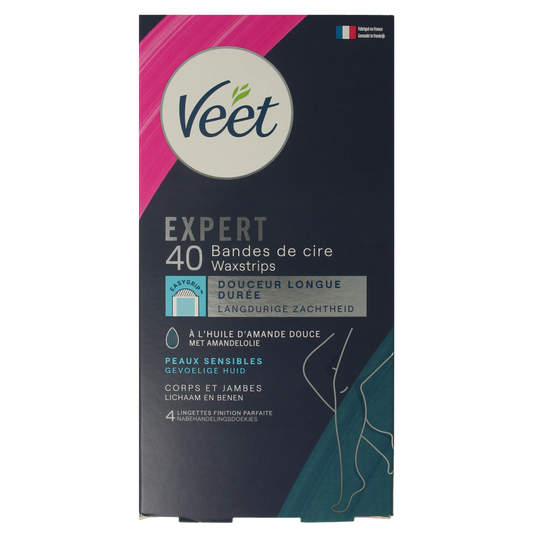 Veet Expert koude waxstrips voor gevoelige huid, 40 stuks, geschikt voor scheren en ontharen, zichtbaar in de afbeelding.