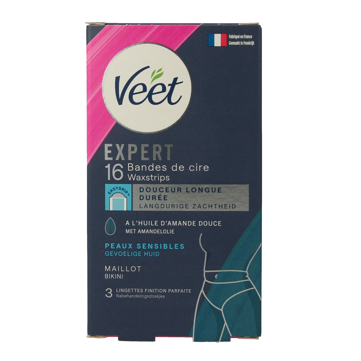 Veet Expert koude waxstrips bikini, 16 stuks, for effective hair removal in sensitive bikini area, part of Veet ontharing product line.