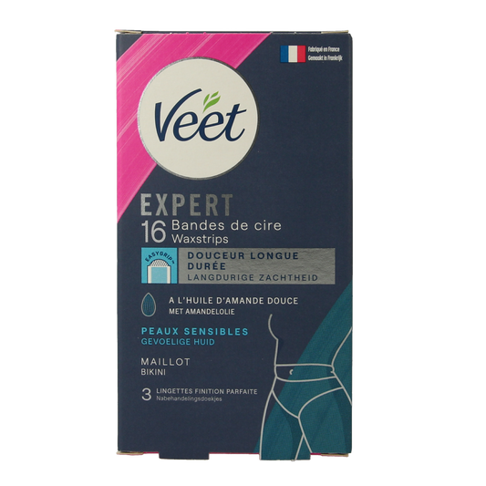 Veet Expert koude waxstrips bikini, 16 stuks, for effective hair removal in sensitive bikini area, part of Veet ontharing product line.