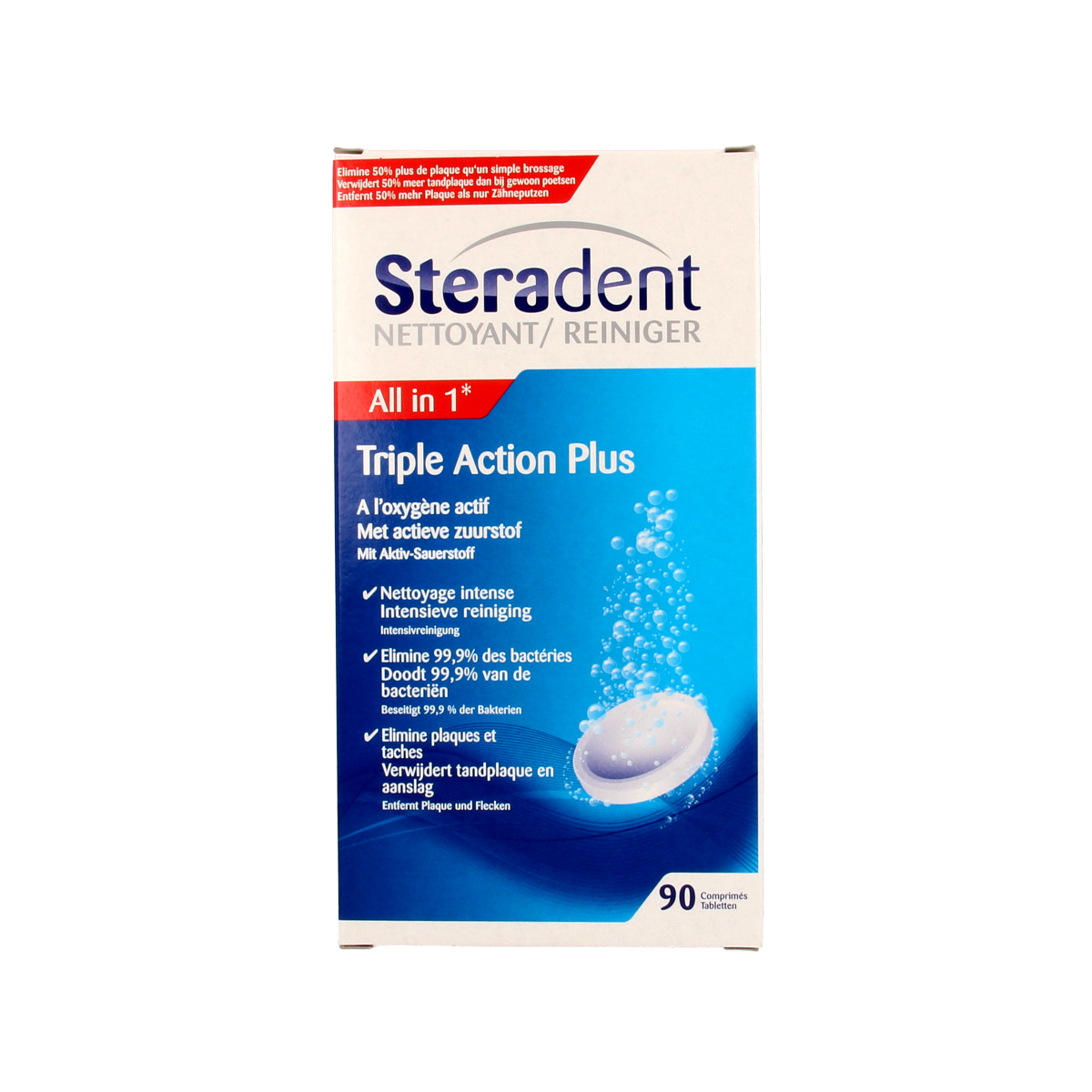 Steradent Triple Action Plus denture cleaning tablets for prostheses, 90 count, in a clear container with tablets visible.