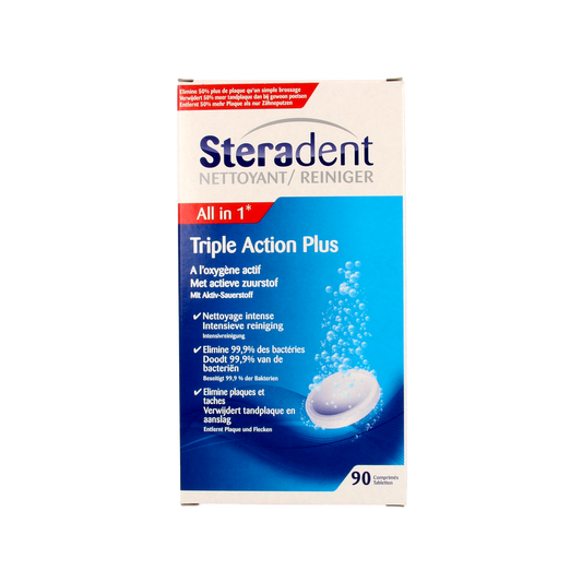 Steradent Triple Action Plus denture cleaning tablets for prostheses, 90 count, in a clear container with tablets visible.