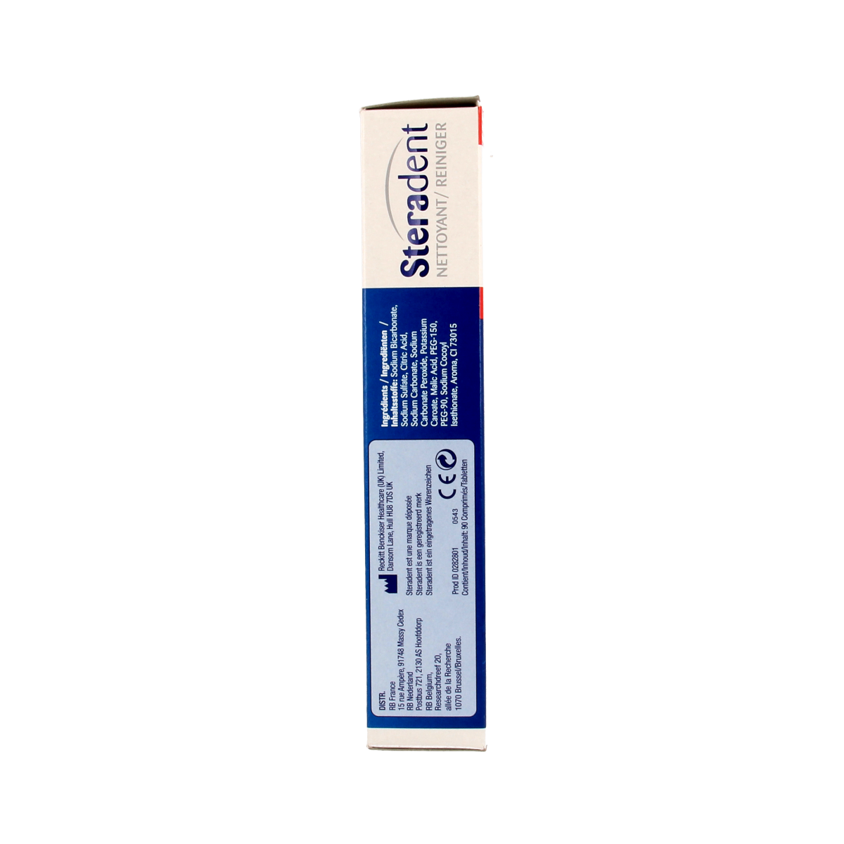 Steradent Triple Action Plus denture cleaning tablets for prostheses, 90 count, in a clear container.