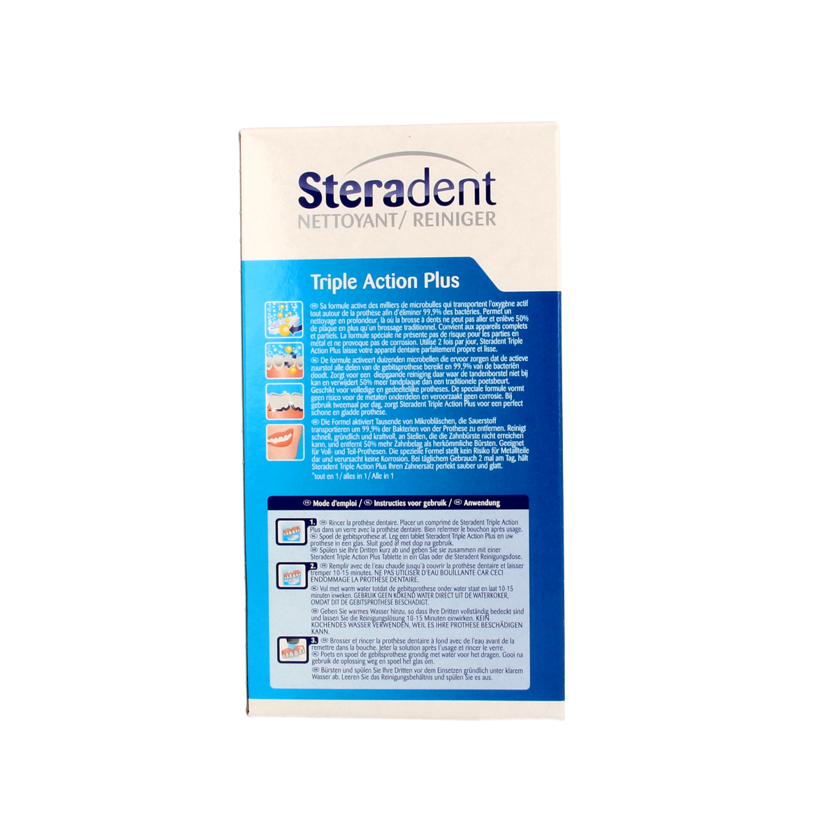 Steradent Triple Action Plus denture cleaning tablets, 90 count, for prostheses cleaning and freshness.