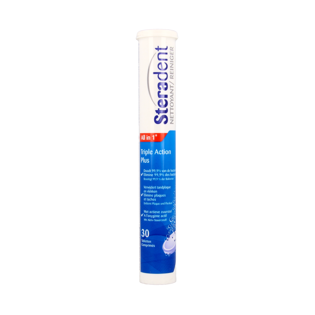 Steradent Triple Action Plus denture cleaning tablets, 30 count, for prostheses, showing packaging and tablets in a blister pack.